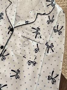 Women's Small Butterfly Polka Dot Print Front Button Pajama Set, Contrast Trim Lapel Long Sleeve Long Pants Loungewear 2 Pieces Set - Multicolor - View 6