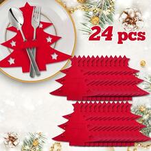 24pcs Christmas Tree Cutlery Organizer, Felt Placemats, Classic Christmas Tree Design, Red And Green, Can Be Used As Utensil, Silverware, And Flatware Holders, Suitable For Holiday Dining And Party Decoration, Tableware Pockets, Christmas Decorations - Multicolor - View 4