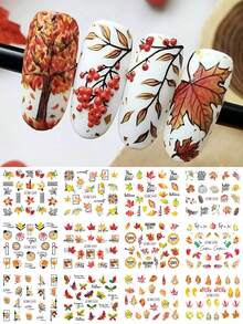 12 Designs Maple Leaf Pine Cone Design Water Transfer Nail Stickers Sliders Little Squirrel Cute Cartoon Watermark Nail Decals DIY Manicure Decoration - Multicolor - View 4