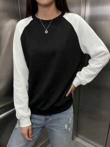 Women's Casual Colorblock Loose Fit Long Sleeve Sweatshirts For Daily WInte/Fall,Fall Winter Outfit For Women,Fall Winter Clothes,Going Out - Black + White - View 3