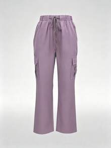 Solid Color Multi-Pocket Pants, Women's Fashionable Commuting Work Pants For Beauty Salons, Pet Shops, Casual Outings, Spring & Summer - Lilac Purple - View 1
