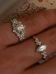 2件組優雅立方鋯石橢圓形開口銅戒指套組，適合女性舞會與婚禮穿著 - 銀色 - 查看 5