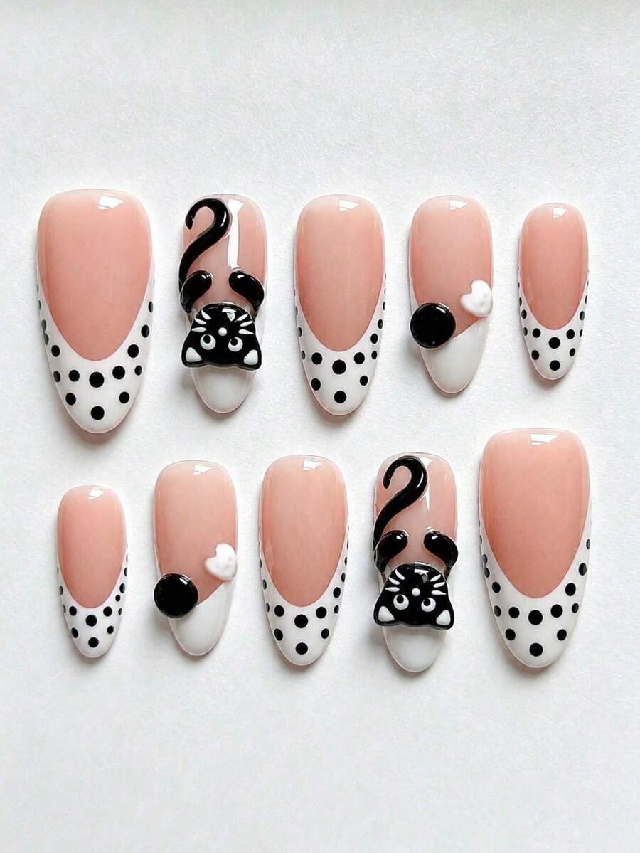 10pcs Almond Shape Handmade Press-On Nails, White French Tip, Polka Dot, 3D Cat, Button Decor, Minimalist Cute Acrylic False Nails, Suitable For Girls And Women Daily, Vacation, School, Date And Other Occasions, Includes Jelly Glue And Nail File - Black and White - View 1