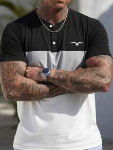 Men's Summer Fashion Versatile Black Grey White Colorblock Goose Print Button Short Sleeve T-Shirt - Multicolor - View 3