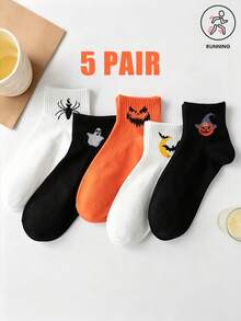 5 Pairs Halloween Mid-Calf Socks For Women, Cute Ghost Pumpkin Spider Bat Pattern Casual Socks, Versatile Role Play Short Socks - Multicolor - View 2