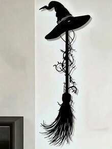 1pc Vintage Witch Broom With Hat Wall Decor, Black Halloween Decoration Craft, Suitable For Home Garden Display, Halloween Living Room Entryway Decoration, Halloween Decoration, Halloween, Halloween - Multicolor - View 5