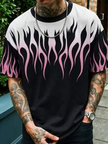 Fractyr Men's Gradient Pink Flame Print Color Block Crew Neck T-Shirt, Black White Contrast Oversized Y2K Streetwear Short Sleeve Tee - Black - View 6