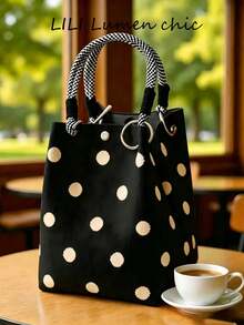 Minimalist Polka Dot Pattern Textured Top Handle Bag, Contrast Check Rope Strap Purse For Daily Outings And Coffee Dates - Black - View 1