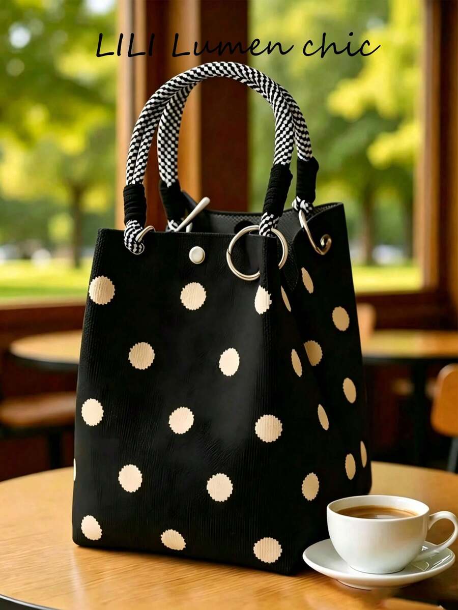 Minimalist Polka Dot Pattern Textured Top Handle Bag, Contrast Check Rope Strap Purse For Daily Outings And Coffee Dates - Black - View 1