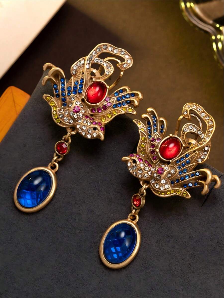 A Pair Of Court-Style Long Phoenix Earrings With Gradient Colored Gems And Wing Design, Perfect As A Holiday Accessory And A Gift For Women - Blue - View 1