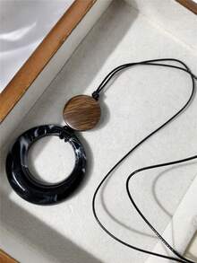 1pc Vintage Black Leather Cord Long Round Pendant Necklace, Suitable For Women's Daily Wear, Minimalist Style - Black Geometric Long Necklace - View 2