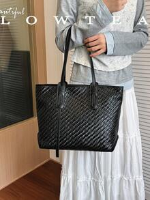 Low Tea 1 pezzo Borsa a spalla in tessuto PU tinta unita, borsa tote casual da donna con grande capacità, motivo all-over, design con doppia maniglia, chiusura con cerniera, adatta per viaggi, shopping, appuntamenti, regalo per donne, adatta per ragazze adolescenti, studentesse universitarie, principianti e impiegati, perfetta per ufficio, campus, lavoro, affari, pendolarismo, attività all'aperto, viaggi, uscite - nero - Visualizzare 6