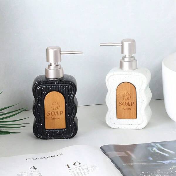 1pc 350ml Vintage Wood Grain Ceramic Soap Dispenser, Brushed Press-Type Refillable Bottle, Suitable For Hand Soap, Shampoo, Lotion, Ideal For Home, Hotel, B&B And Travel Use