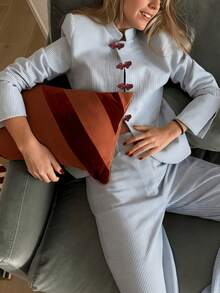 Fashionable Elegant Long Sleeve 2 Pieces Set, Vintage Blue Vertical Striped Outfit With Frog Button And Small Stand Collar Design, Chinese Style Elements, Sophisticated And Exquisite - Blue - View 3
