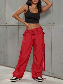 Y2K Women's Casual Red Parachute Pants Cargo Pockets Loose Wide Leg Street Style Practical Trousers Campus Outfit Back To School Daily Wear - Red - View 5