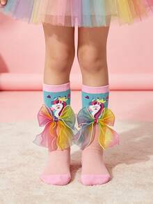 1 Pair Girls Sweet Cute Rainbow Bow Decorated Calf Socks, Cartoon Pony Pattern Design Mid-Calf Socks, Suitable For Girls Spring Autumn Transition Seasons, Versatile Design Girls Student Socks - Multicolor - View 1