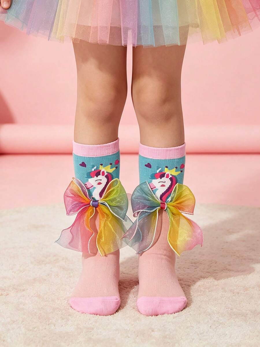 1 Pair Girls Sweet Cute Rainbow Bow Decorated Calf Socks, Cartoon Pony Pattern Design Mid-Calf Socks, Suitable For Girls Spring Autumn Transition Seasons, Versatile Design Girls Student Socks - Multicolor - View 1