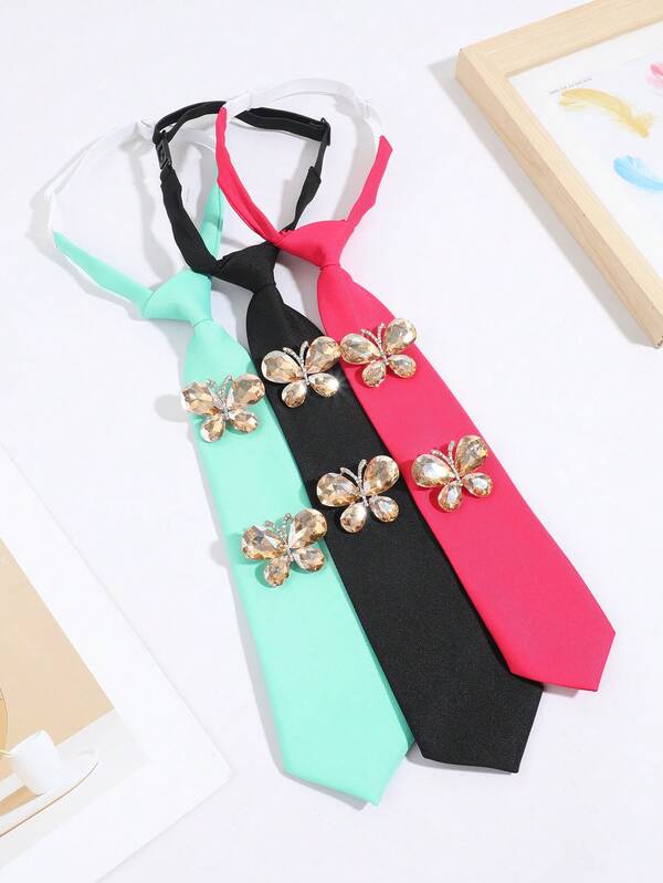 1PC Unisex Preppy Style Fashion Detachable Faux Gem Butterfly Decor Tie, No-Hand-Knot, Casual Versatile For Daily Wear, Travel, Banquet, Party, School, Date