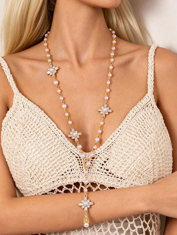 1pc Minimalist Faux Pearl Collarbone Necklace With Sweet Cool Cross Pendant Long Chain For Women