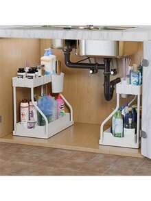 1/2pcs 2-Tier Black/White Under Sink Storage Organizer Rack, Sliding Drawer Multi-Function Storage Shelf, Bathroom Kitchen Under Sink Storage Rack - Multicolor - View 3