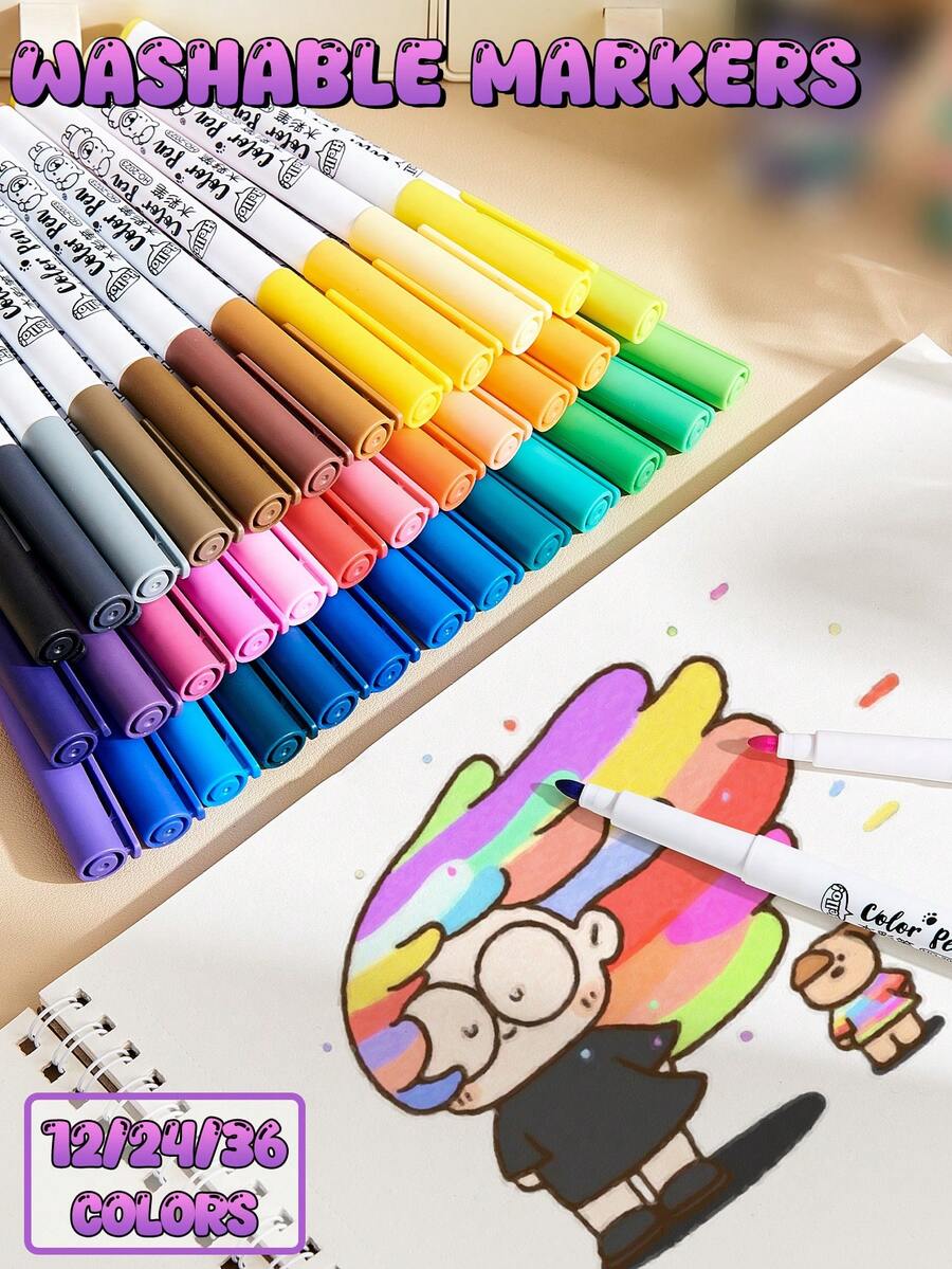 12PCS/24PCS/36PCS Spidol Cat Air Ujung Halus, Cepat Kering & Warna Cerah, Ideal untuk Seni di Sekolah & di Rumah, Perlengkapan Penting untuk Kembali ke Sekolah untuk Anak-anak & Siswa - MultiWarna - View 1