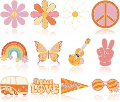 Colarr 60 Pcs Groovy Retro Hippie Classroom Cutouts Retro Boho Party Decoration Cute Flower Rainbow Butterfly Daisy Bus Cutout For Back To School