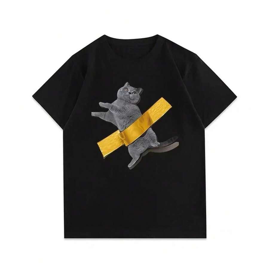 Camiseta con Estampado de Gato Divertido, Ropa Casual de Uso Diario para Mujer, Ropa Estética para Amantes de los Gatos, Camiseta Casual de Manga Corta para Mujer Y2K - Suave y Transpirable - Negro-1 - Ver 1