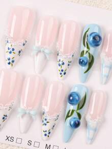 10 piezas de uñas postizas largas y reutilizables, estilo francés en rosa nude soñador y azul claro, con decoración 3D de arándano, encaje, perla, lazo y cuadros, manicura dulce y fresca de verano, adecuadas para uso diario, citas, fiestas y viajes, exquisito regalo de uñas para mujeres y niñas, uñas postizas hechas a mano - Celeste - Ver 5