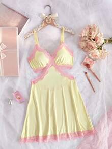 Women Lightweight Nightgown V‑Neck Nightdress Bodycon Chemise Sleep Dress Criss‑Cross Backless Pajamas Sexy Lingerie Contrast Lace Splicing Loungewear - Yellow - View 9