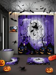 1/4pcs Halloween Flying Witch Horror Castle Shower Curtain Set, With 12 Hooks Waterproof Polyester Bath Curtain, Bathroom Curtain, Privacy, Thickened, Durable Quick Dry, 180*180cm Size - A - View 10