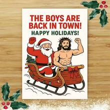 1張幽默節日賀卡 + 1個信封，聖誕老人與朋友在雪橇中「The Boys Are Back In Town」最佳好友款，冬季節慶趣味風格 - 查看 8