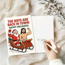 1張幽默節日賀卡 + 1個信封，聖誕老人與朋友在雪橇中「The Boys Are Back In Town」最佳好友款，冬季節慶趣味風格 - 查看 2