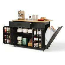 Mobile Kitchen Island With Folding Countertop, Cart, Storage Cabinet, Trash Can Drawer, Shelf Above - Black - View 6