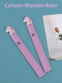 1pc Cute Cartoon Wooden Ruler With Star And Moon Design, Student Drawing And Drafting Tool, Office Supplies, 15cm/5.9in, First Day Of School - Multicolor - View 2