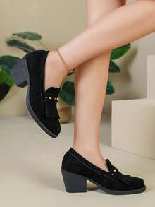 Autumn/Winter New Pointed Toe Tassel Rivet Decor Chunky Heel Loafers For Women, Versatile For Daily Commute, Party, Date - Black - View 2