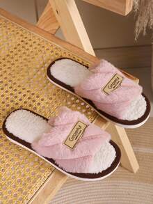 Classic Bold Striped Slip-On Open Toe Fuzzy Plush Slippers For Women, Indoor House Shoes, Autumn/Winter Fashion - Pink - View 3