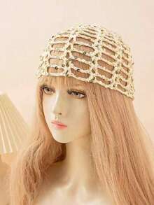 1pc Y2K Style Handmade Knitted Mesh Hat, Cute Casual And Fashionable, Decorated With Sequins And Breathable, Ins Style Sequined Hollow Knitted Bucket Hat Korean Version Versatile Face-Slimming Slouchy Hat , Suitable For Travel, Photography And Daily Wear, Fisherman Hat Style - Multicolor - View 9