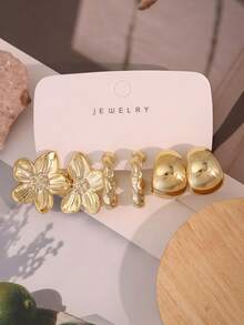 6-18PCS Gold Fashionable Elegant Earring Set, 3D Flower Glossy C-Shaped Design, Suitable For Daily Casual, Commute, Vacation, Wedding Wear - Gold - View 5