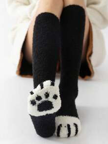 Two Tone Striped Pattern Fluffy Over The Calf Socks, Cozy - Black - View 4