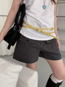 1pc Yellow Women's PU Leather Y2K Punk Style Double Layer Rivet Narrow Square Buckle Design Personalized Belt - Yellow - View 3