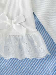 Cute Autumn/Winter Baby Girl Outfit: White Ribbon Bow Lace Trim Round Neck Long-Sleeved Top & Blue Plaid Wide-Leg Pants For Commuting And . - White - View 6