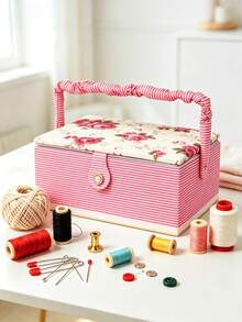 Floral Striped Sewing Basket, Fabric Sewing Accessories Storage Box,Portable Fabric Sewing Box With Handle, Multi-Size Storage Organizer For Sewing Accessories - Multiple Specifications - View 1