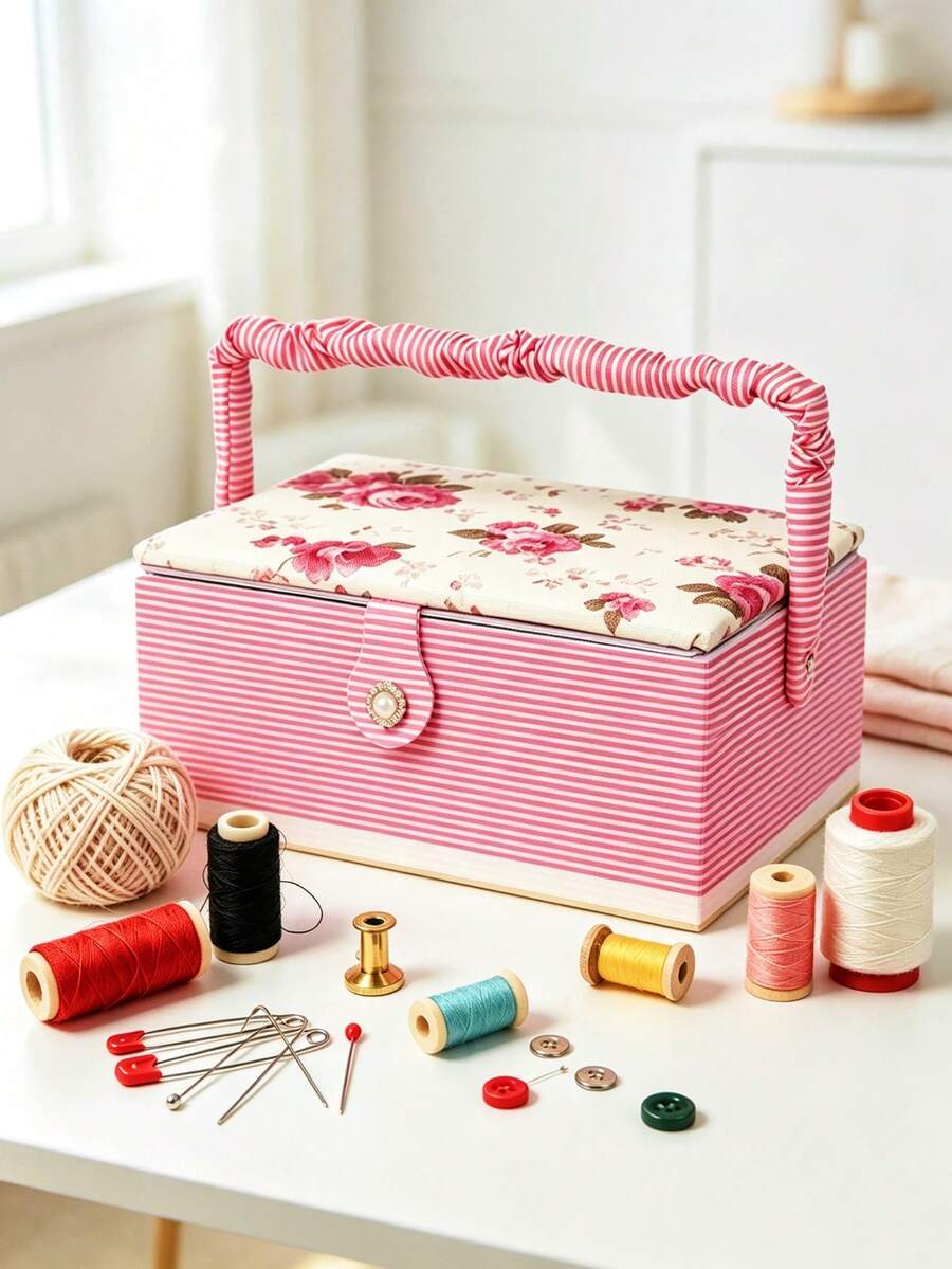 Floral Striped Sewing Basket, Fabric Sewing Accessories Storage Box,Portable Fabric Sewing Box With Handle, Multi-Size Storage Organizer For Sewing Accessories - Multiple Specifications - View 1