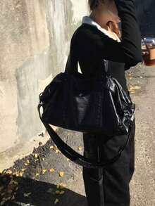 Nicekee Retro And Motorcycle Style Tote Bag, Versatile And Simple Solid Color Handbag, Large Capacity Multifunctional Fashionable Shoulder Bag - Black - View 5