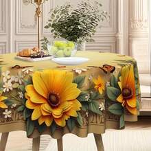 1pc Round Tablecloth With Sunflower And Butterfly Pattern, Perfect For Home Kitchen And Dining Area. This Table Cover Is Also Suitable For Office And Coffee Table. - Round - View 5