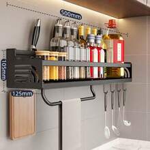 1pc Standard Size Space-Saving Wall-Mounted Spice Rack, Modern Minimalist Solid Rectangular Storage Shelf, Dual Installation Design With Hooks For Hanging Utensils And Kitchenware, No-Drill And Drill-Free Installation Bracket, Suitable For Kitchen, Bathroom And Home - View 6