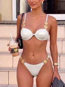 Bikinx Women's Solid Color Gold Decor Shoulder Strap Bikini Set Set, Underwire Style Back Tie Design, Suitable For Beach Vacation White Summer - White - View 4