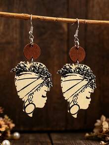1 Pair Bohemian Exotic Portrait Silhouette Wooden Earrings, Vintage Print African Woman Profile, Vacation Ear Accessories - Portrait - View 6