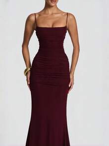Elegant Sexy Pleated Backless Dress For Party, Evening Date, Anniversary, Graduation Party And Formal Dinner - Burgundy - View 6
