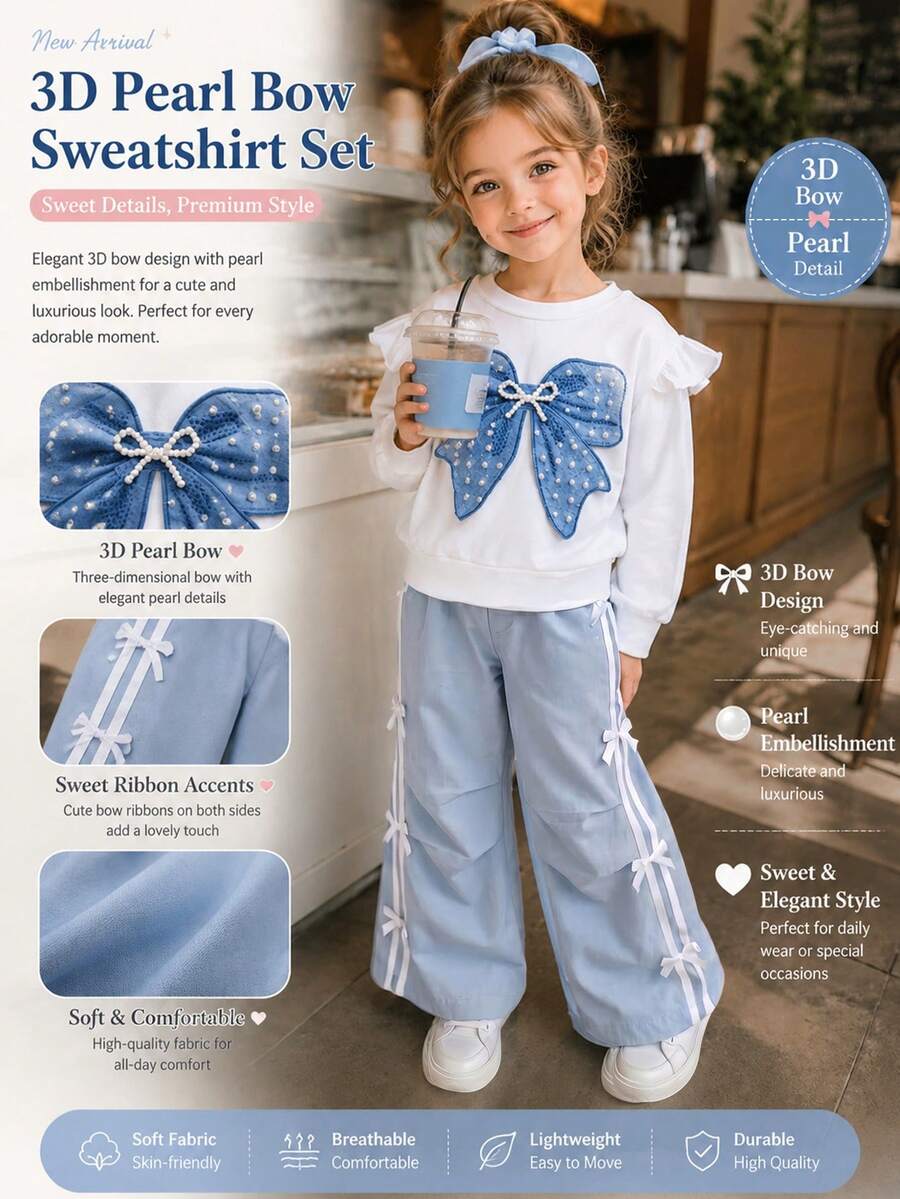 Girls' Sweet Bow Sweatshirt Set, Sequin Large Bow Crew Neck Top + Side Bow Wide Leg Pants 2pcs Set, Fresh And Cute Children's Outfit - Multicolor - View 1